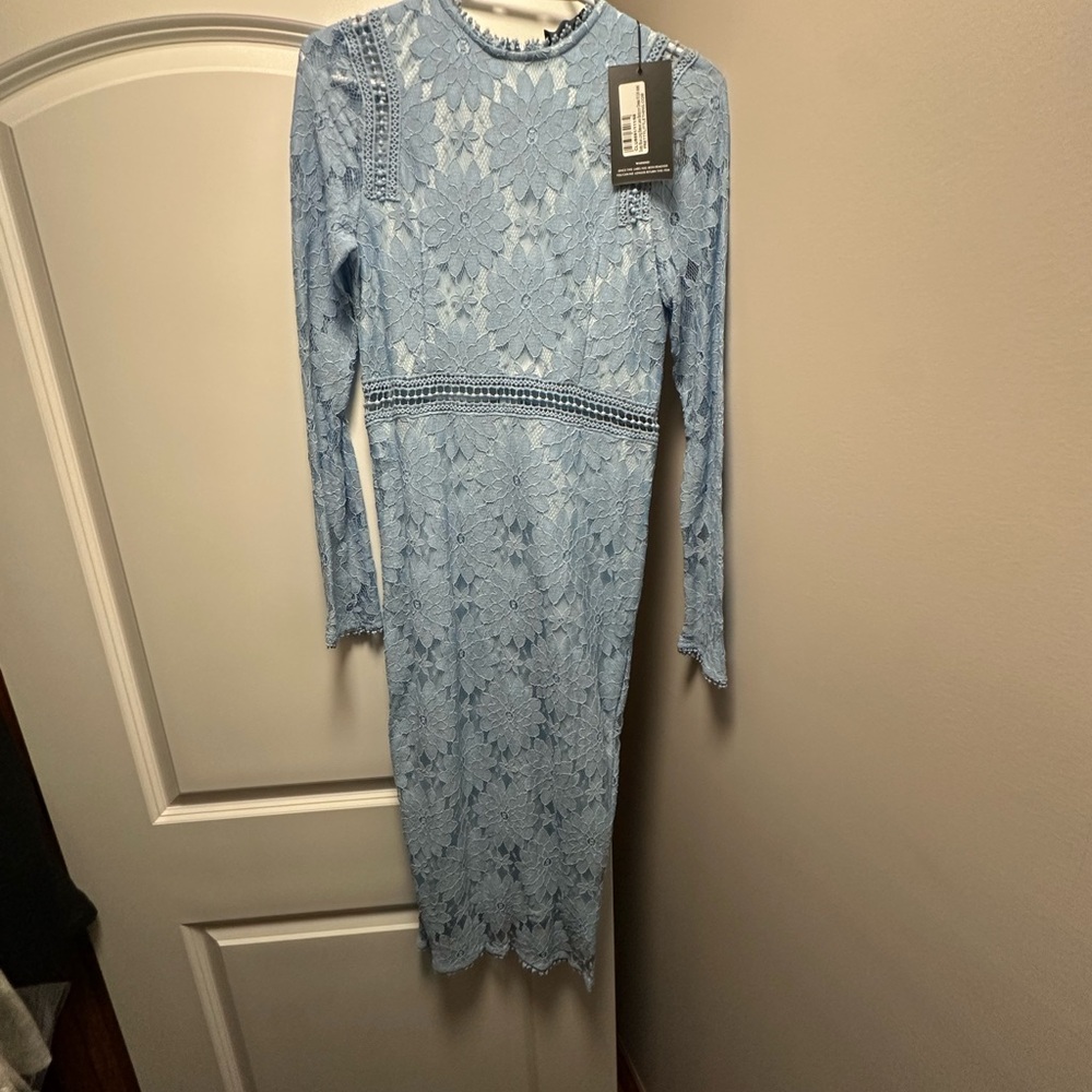 PrettyLittleThing Light Blue Lace Long Sleeve Dress